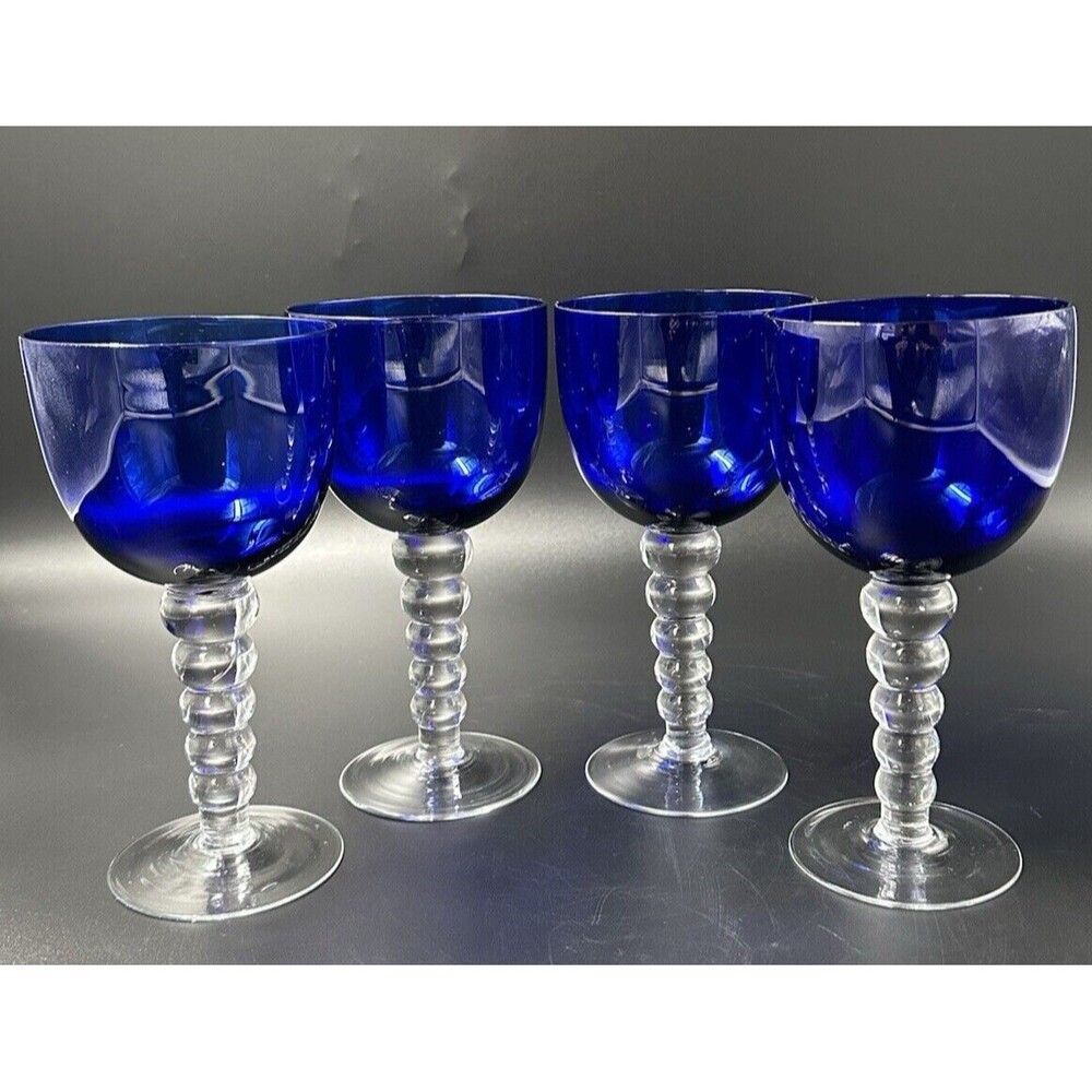 Stunning Cobalt Blue Drinking Glasses with Clear Ball Stems Set of 4 Glasses - Picture 5 of 7